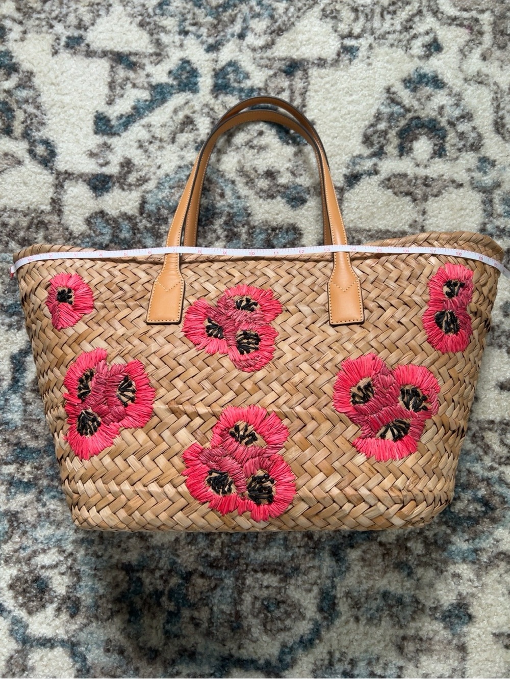 Frances Valentine Floral Straw Tote Beach Bag Leather Trim Pink Raffia - Picture 8 of 16